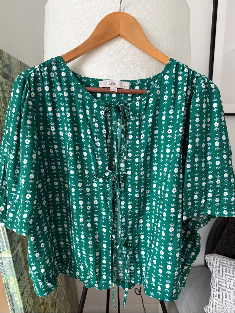 LOFT Green Floral Tie-Front Blouse